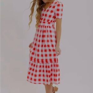 DownEast Pink & Red Checkered Market Aline V Neck Midi Pocket Dress 100% Cotton